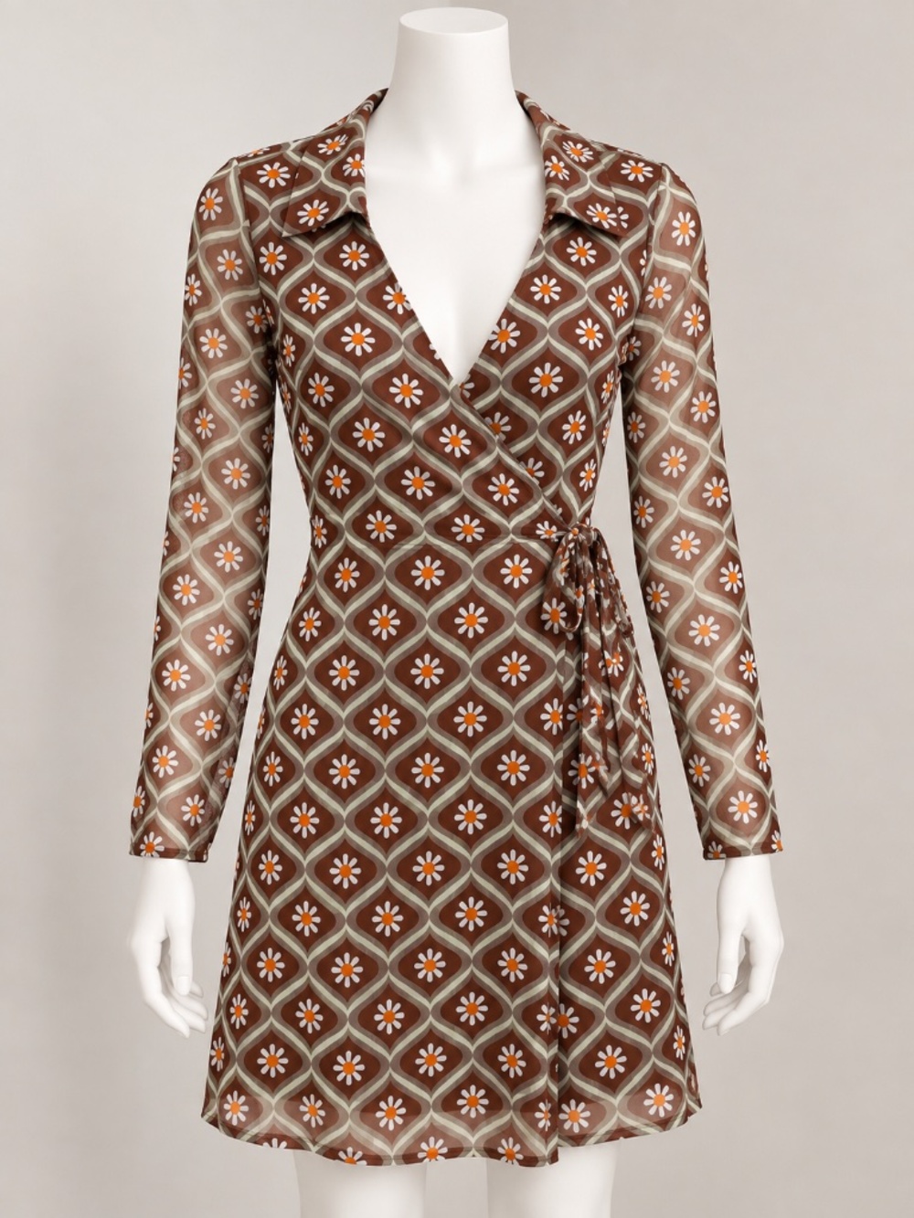No Comment NY LA Brown Geo Retro Long-Sleeve Mesh Faux Wrap Mini Dress Size M
